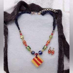 Vintage Whimsical Indian Beads Necklace & Matching Earrings